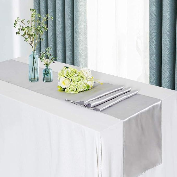 5 Pcs Silver Satin Table Runners 12x108 inch Bright Satin Silk Fabric | Smooth - Image 7