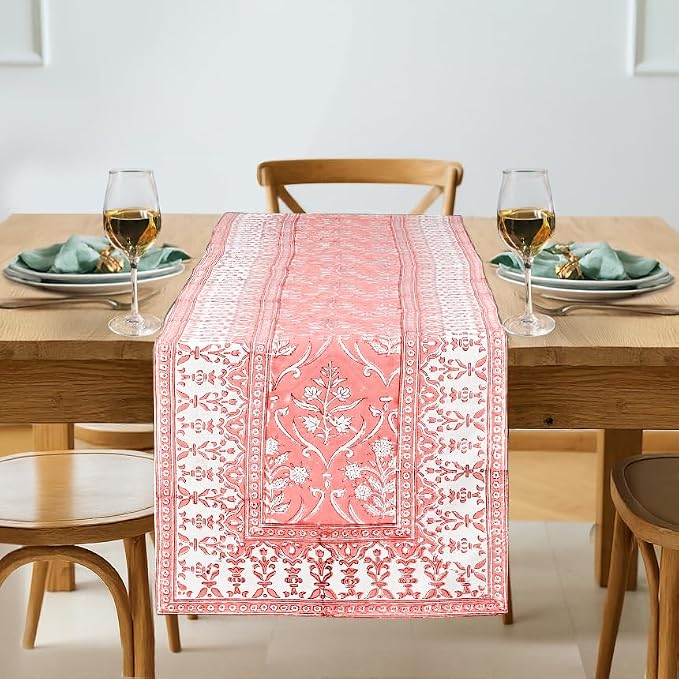 Sweet Pink Hand Block Print 100% Cotton Reusable Table Runner 16" X 90" Inches by Ridhi