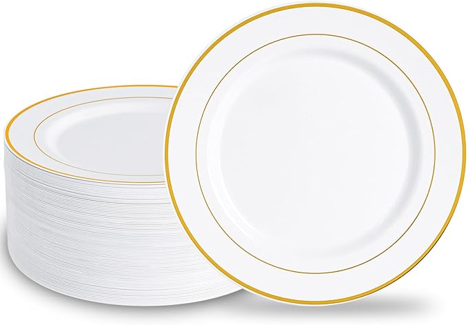 100PCS White & Gold Plastic Plates Disposable, 10.25" Heavy Duty Plates | by N9RTABLEWARE