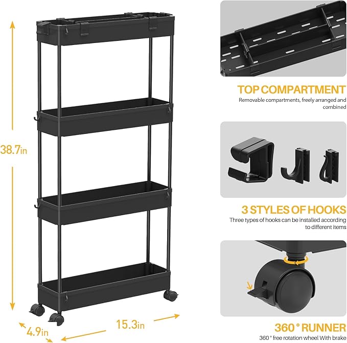 Slim Storage Cart 4 Tier, Bathroom Organizer Rolling Utility, Mobile Shelving - Image 4