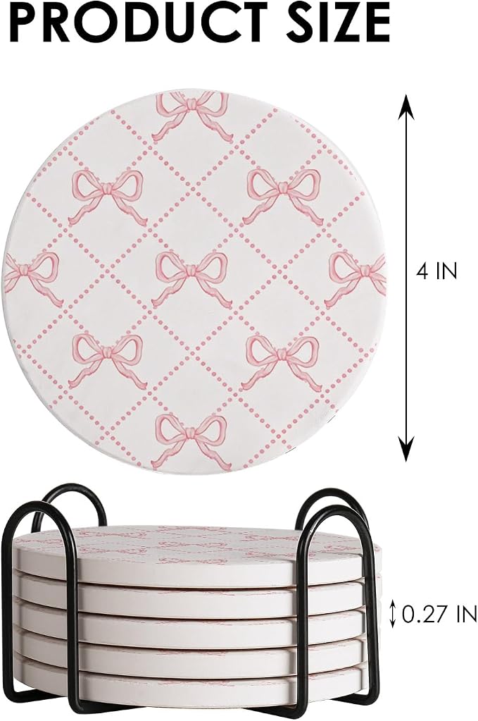 Pink Bow Round 4" Cup Coasters, Absorbent Ceramic Stone Drink Coasters - Image 6