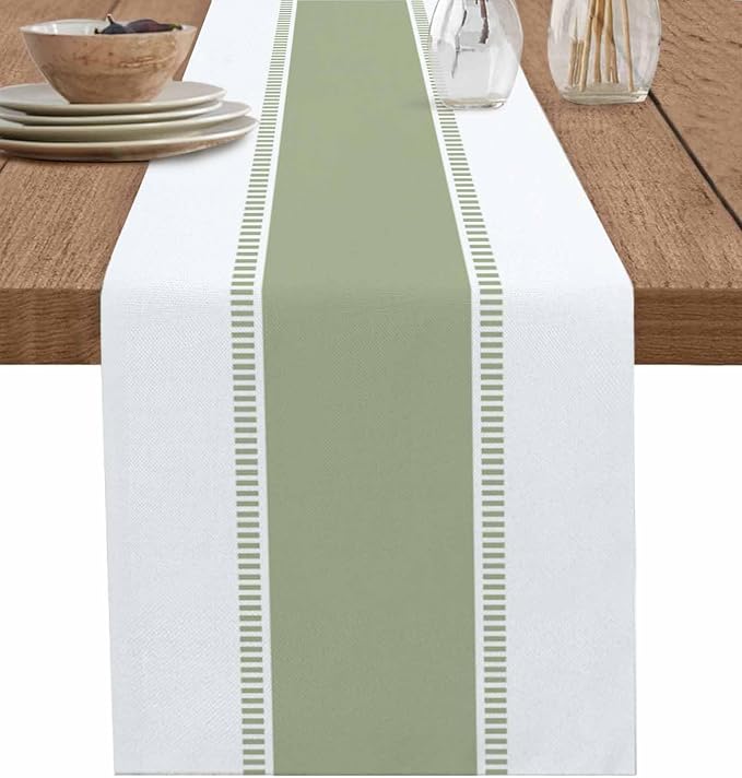 Sage Green Stripe Table Runners 120 inches Long, Linen Boho Table Runner by Futuregrace