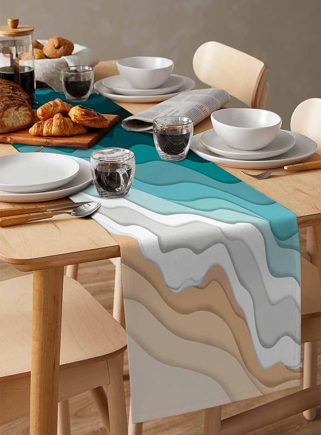 Turquoise Geometric Beach Table Runners 120 Inches Long, Cotton Linen Fabric - Image 3