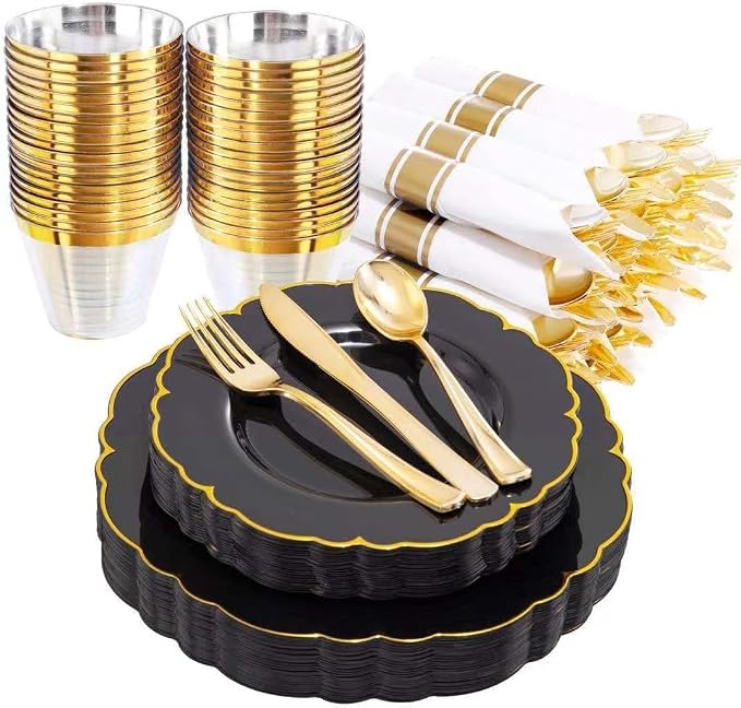 Morejoy 175PCS Black and Gold Plastic Plates, 25 Dessert Plates, 25 9oz Cups by Morejoy