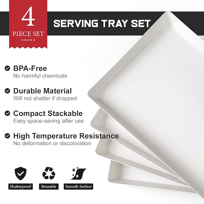 4-Pack Plastic 16" x 11" Large White Serving Trays Set - Image 4