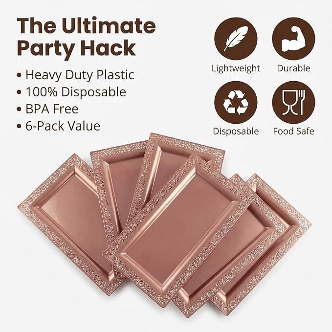 6 Yumchikel 14" x 7.5" Rose Gold Lace Rim Plastic Serving Trays & Platters | - Image 6
