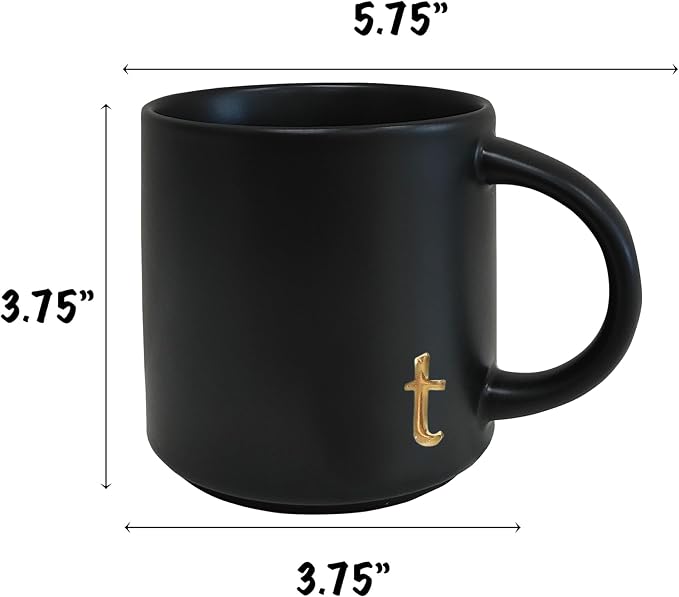 COLLECTIVE HOME Black Ceramic Coffee Mug, 15 oz Golden Monogram Tea Cup | - Image 3