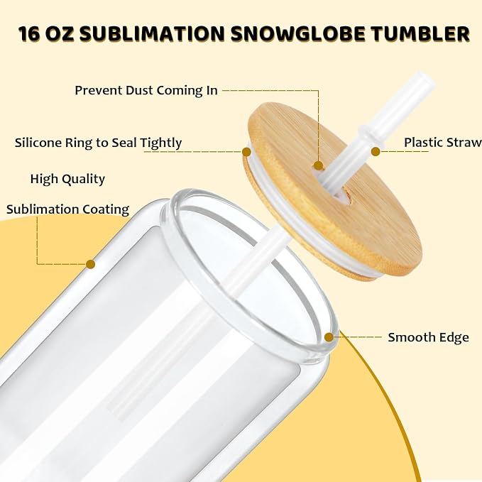16 Oz Snow Globe Tumbler, 8 Pack Pre-Drilled Sublimation Glass Cup - Image 2