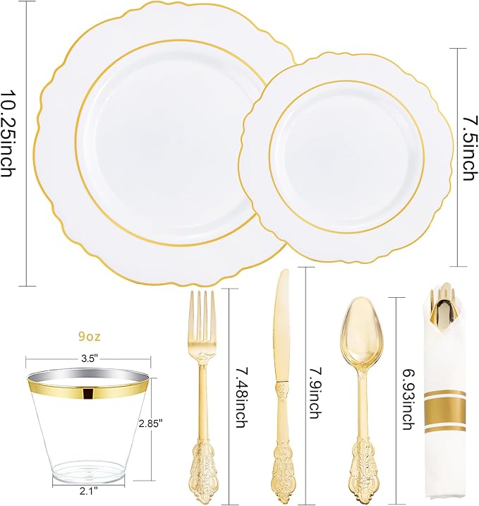350PCS Gold Plastic Plates-Disposable White and Gold Plates 50guest Baroque - Image 6