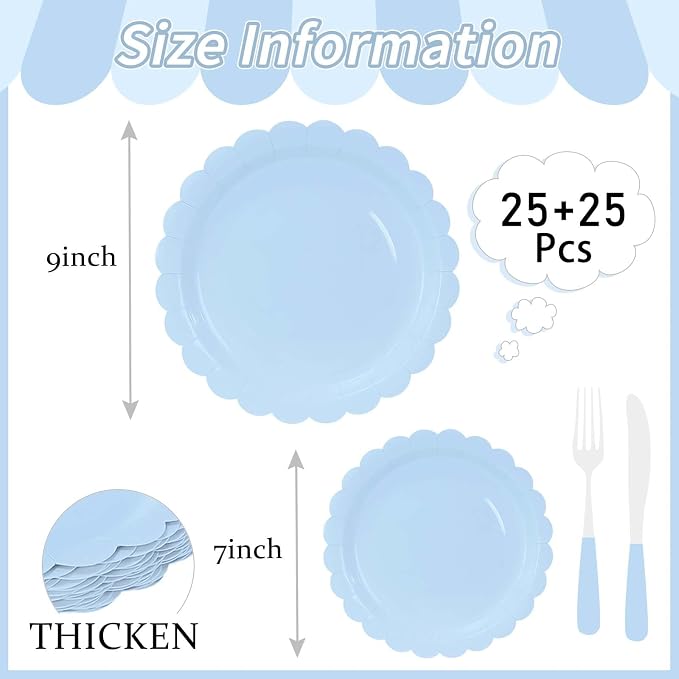50 Pcs Light Blue Scalloped Paper Plates 25 × 7'' and 25 × 9'' Disposable Baby - Image 3