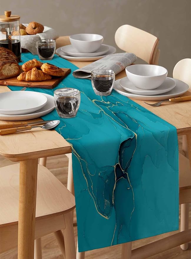 Teal Marble Table Runners 90 Inches Long, Turquoise Marble Crack Table Runner - Image 3