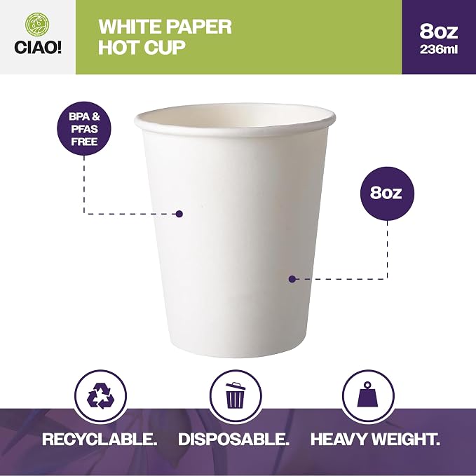 CIAO! 8oz White Paper Hot Cup, Disposable, 80mm Diameter 1 - Image 2
