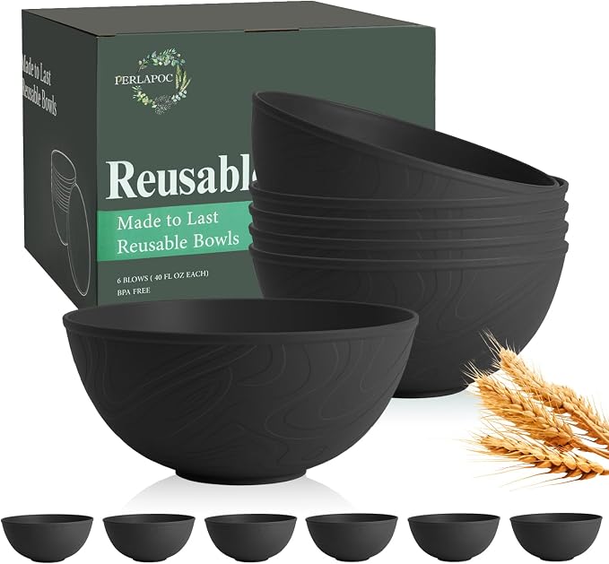 Unbreakable Cereal Bowls 40 OZ, Wheat Straw Bowls Set of 6, Anti Scald Extra by Perlapoc