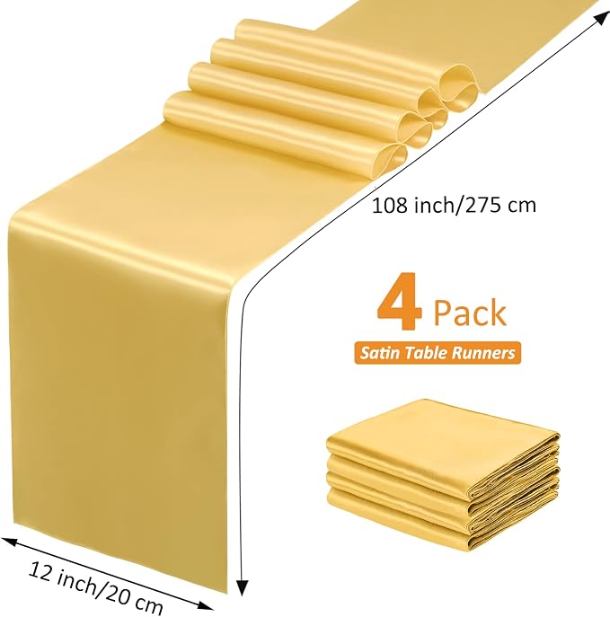 SiinvdaBZX 4 Pcs Gold Satin Table Runner 12 x 108 inches Long | Bright Smooth - Image 4