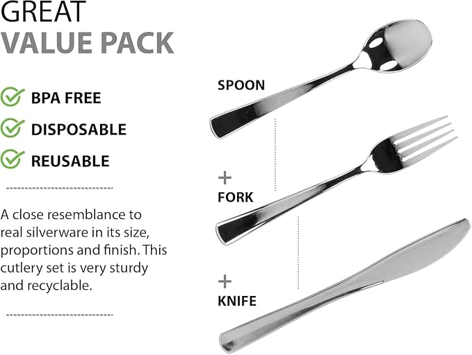 960 Piece Silver Plastic Silverware, Extra Heavyweight Disposable Cutlery Set - Image 4