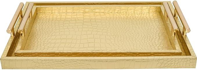 Set of 2 Modern Elegant Large Wood Serving Tray, Rectangle Decorative Tray by MACVAD