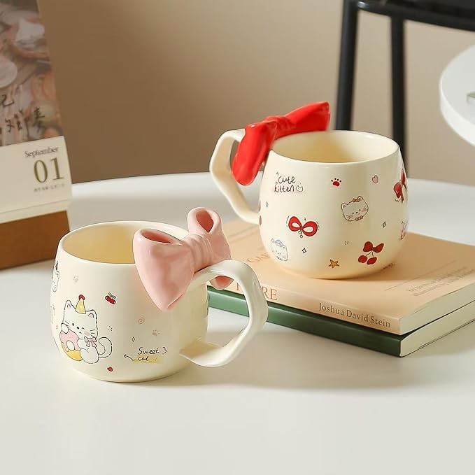 DTIUYIOP-Cute Cherry Cat Ceramic Coffee Mugwith 3D Bow & Bow Spoon | kawaii - Image 5