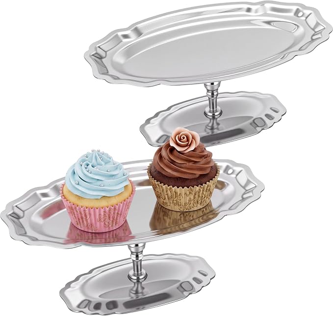 2 Pcs Stainless Steel Footed Serving Tray Oval Elevated Serving Platter Dessert by Tiangrid