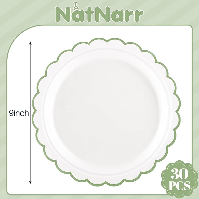 NatNarr 30 Pk Sage Green Paper Plates 9" Scalloped Green White Party Plates | - Image 2