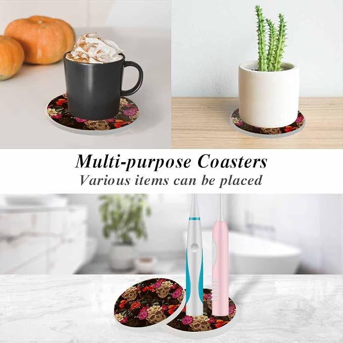 oFloral Skull Coasters for Drinks Rose Flower Bloom Folk Culture Festival Cups - Image 6
