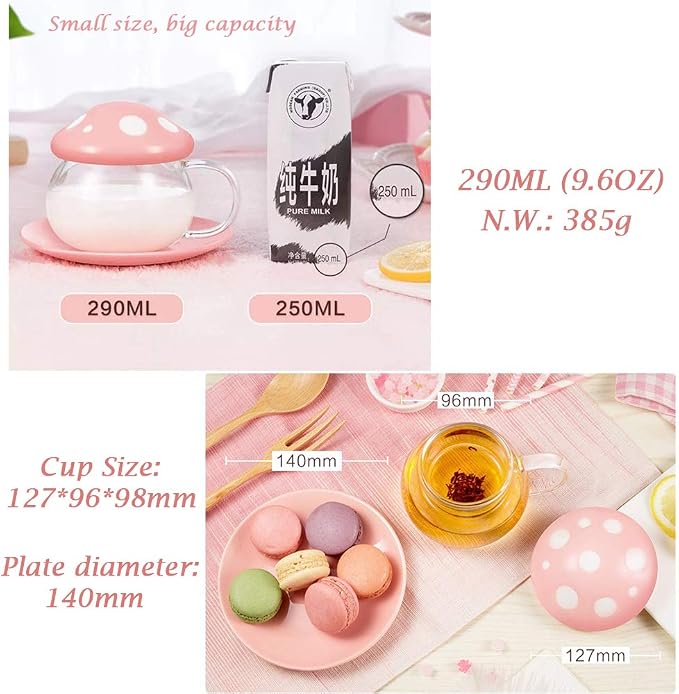 Mushroom Tea Cup Set, Cute Glass Tea Cups and Saucers, Kawaii Teacup - Image 5