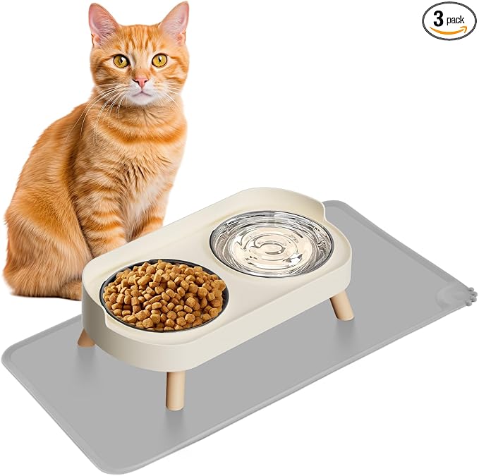 Elevated Cat Bowl with Food Mat, Raised Cat Food and Water Bowl Set by HIAIEVIY