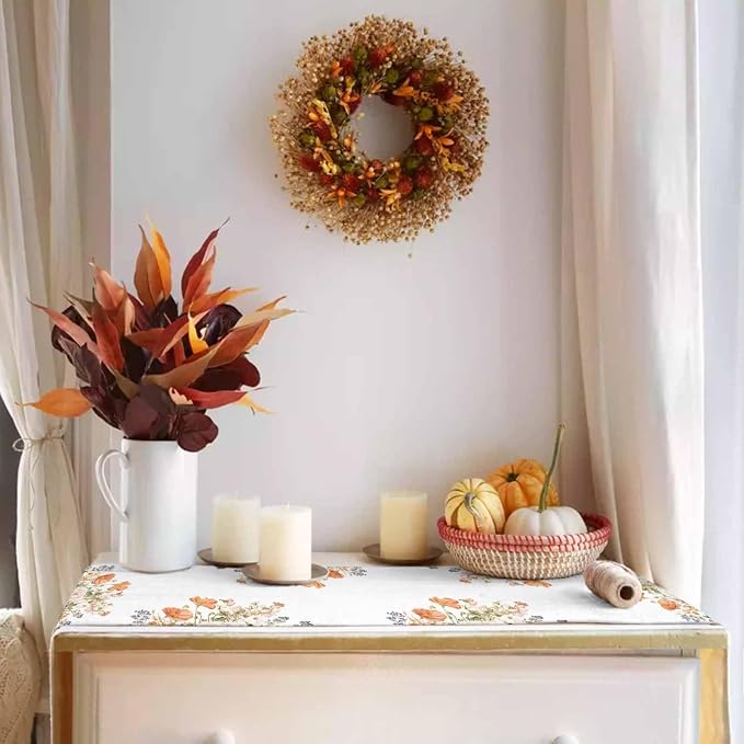 Fall Windflowers Pumpkin Short Table Runners 36 Inches, Cotton Linen Fabric - Image 2