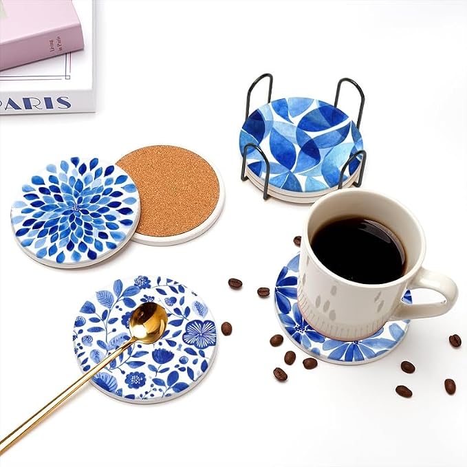 Funny Coasters Set of 6 Round Ceramic Blue Watercolor Textured Coasters - Image 6