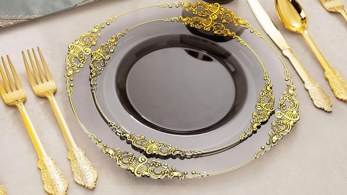 Nervure 175Pcs Black Plastic Plates, Plastic Dinnerware Set - Image 9