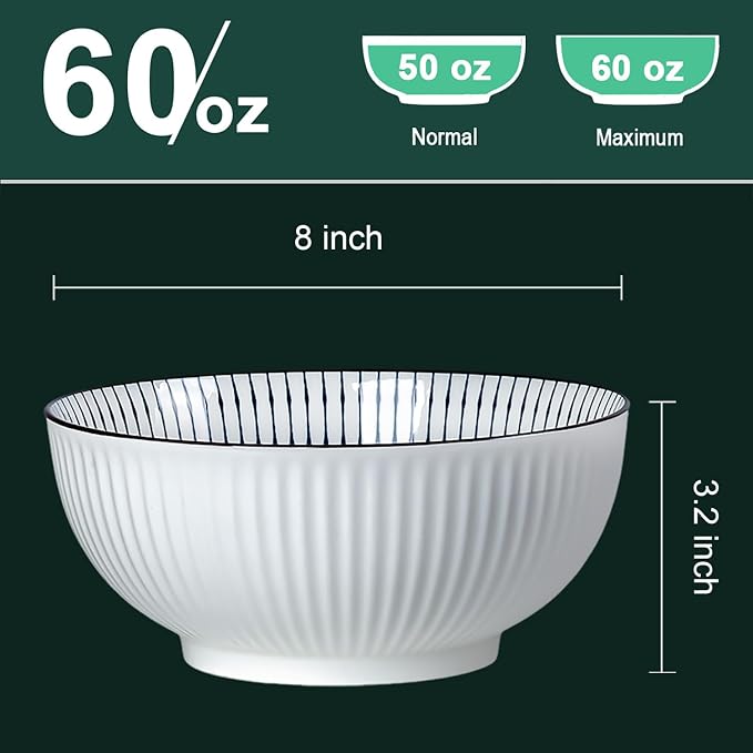 QINLANG Large Soup Bowls, Pho & Ramen Set of 3, 60 oz Blue & White Porcelain - Image 2