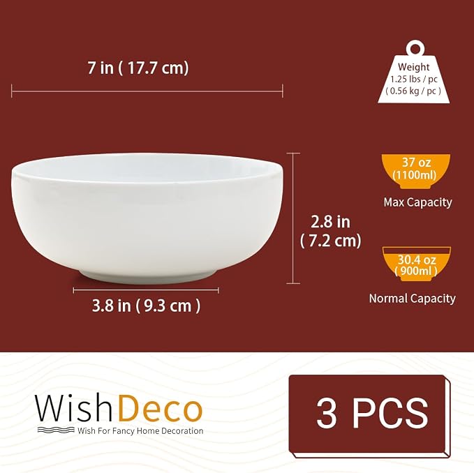 Large Soup Bowls Set of 3, Ceramic Salad Bowls 37 oz, Serving Bowl - Image 3