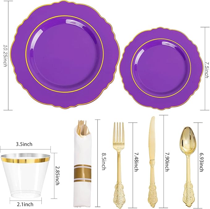350PCS Purple Plastic Plates-Disposable Purple and Gold Plates 50 guest Baroque - Image 8