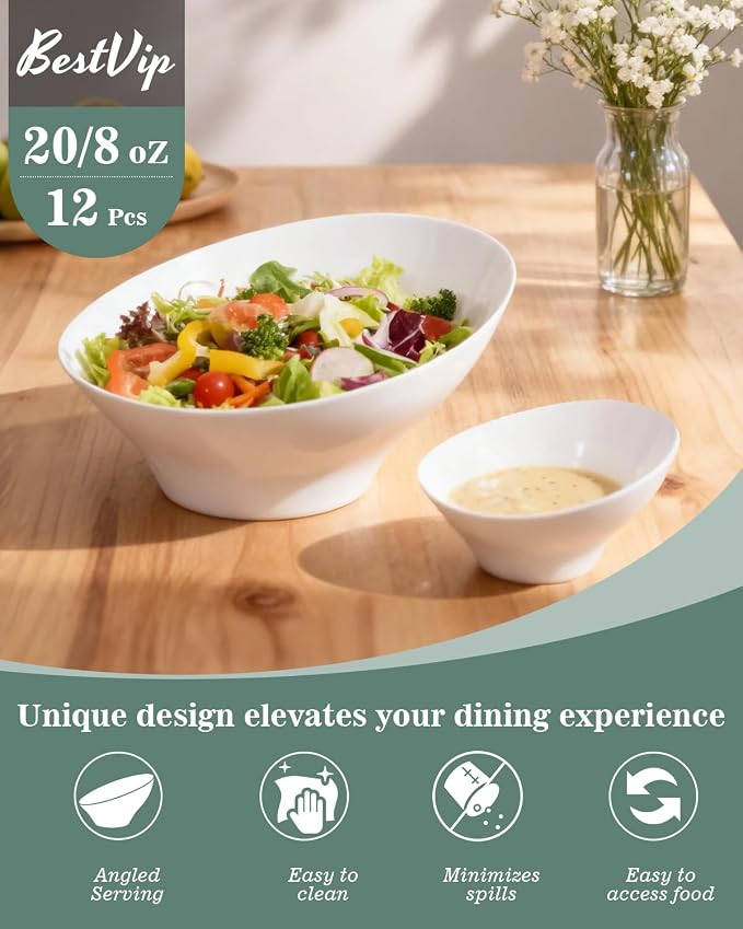 BESTVIP 8 Oz White Plastic Angled Serving Bowls, 12 Pack | Disposable Bowls - Image 6