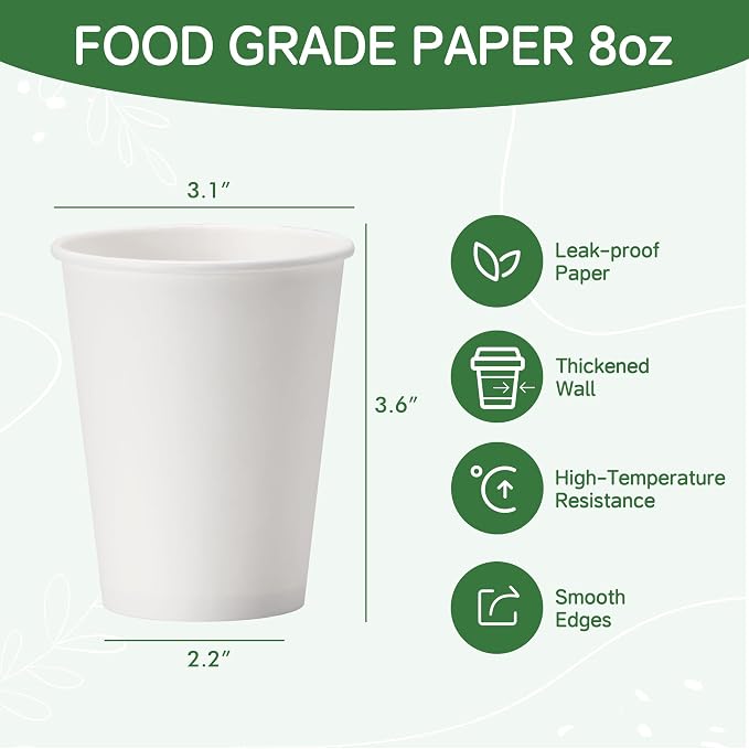 8 oz Coffee Cups 100 Pack, Disposable Paper Cups 8 oz, Hot Beverage Drinking - Image 2