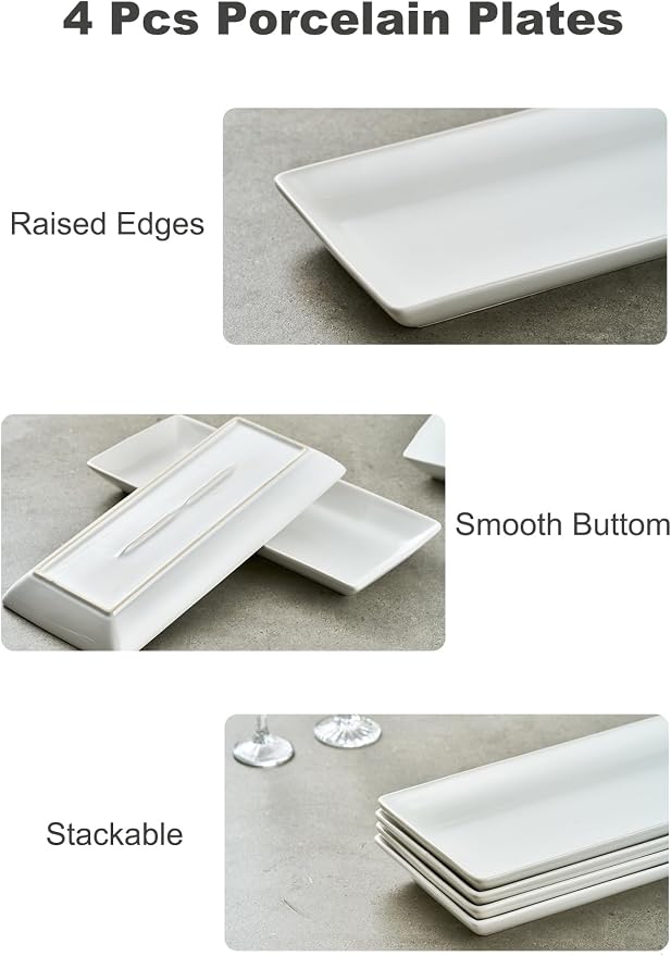 LAUCHUH Serving Platters for Party, 14-inch Porcelain Rectangle Plates | White - Image 3