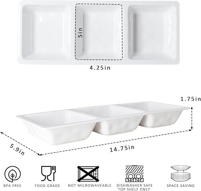 Divided Serving Tray, 14.75”x 6” Reusable 3-Section Party Platters, Condiment - Image 5
