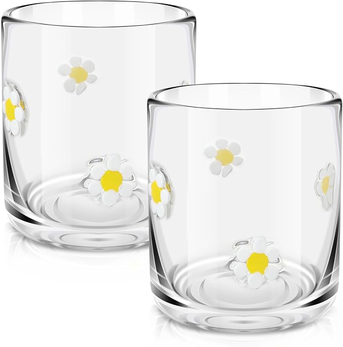 SiliFine 2 Pcs Flower Icon Juice Glasses - 14oz White Floral Stemless Wine by SiliFine