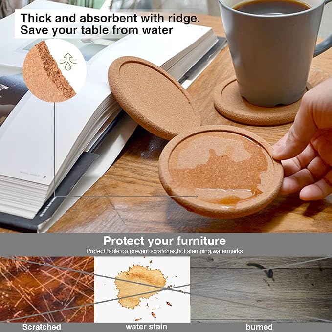 Natural Round Cork Coasters for Drinks - Image 2