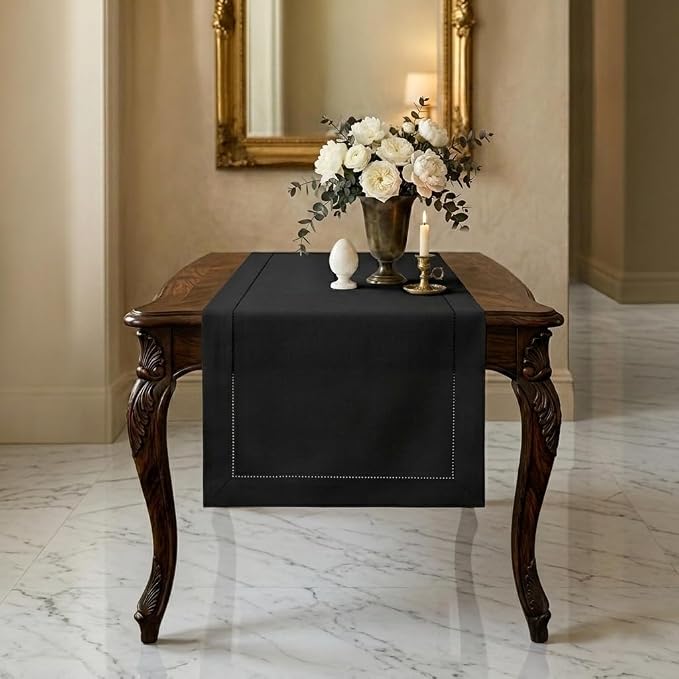 Signature Linen™ by D'Moksha Black Table Runner 48 Inches, 100% Pure Linen by DMokshaHomes