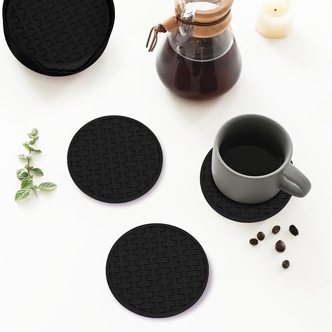 4 Inch Black Silicone Drink Coaster Set of 6, Heat-Resistant Non-Slip Mats | - Image 4