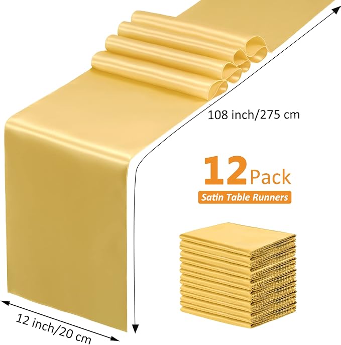 SiinvdaBZX 12 Pcs Gold Satin Table Runner 12 x 108 inches Long | Bright Smooth - Image 4