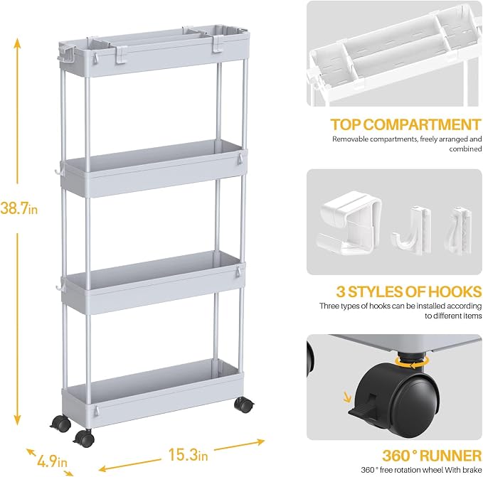 Slim Storage Cart 4 Tier, Bathroom Organizer Rolling Utility, Mobile Shelving - Image 4