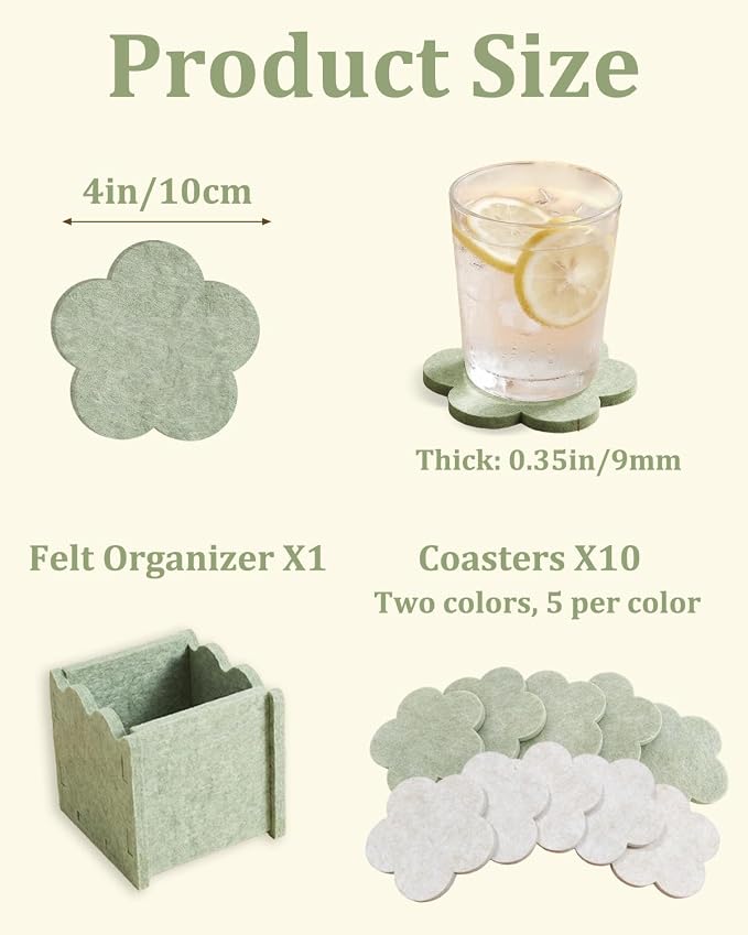 Felt Coasters for Drinks, Living Room, Sage & Beige, Heat-Resistant, Cleaning - Image 2