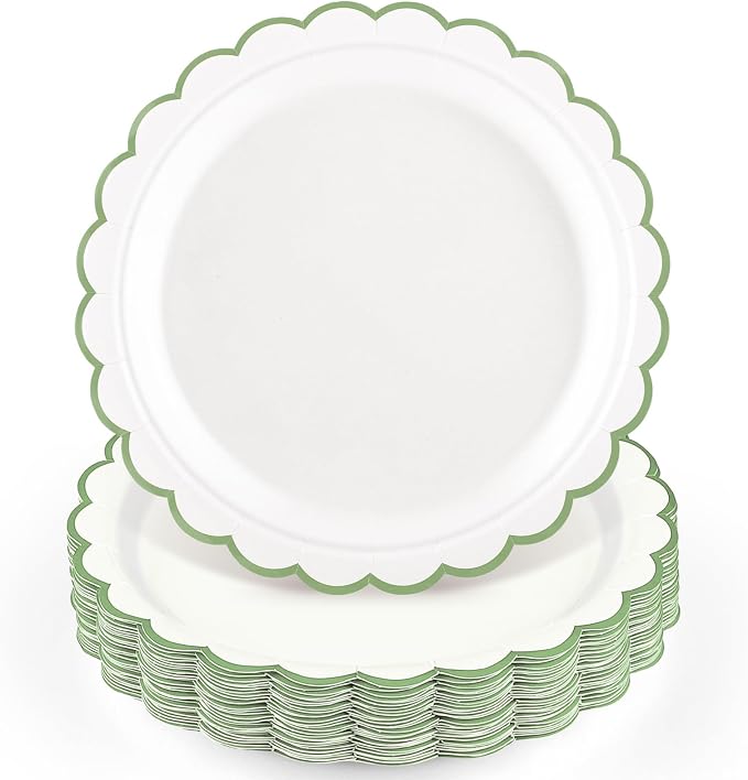 NatNarr 30 Pk Sage Green Paper Plates 9" Scalloped Green White Party Plates | by NatNarr