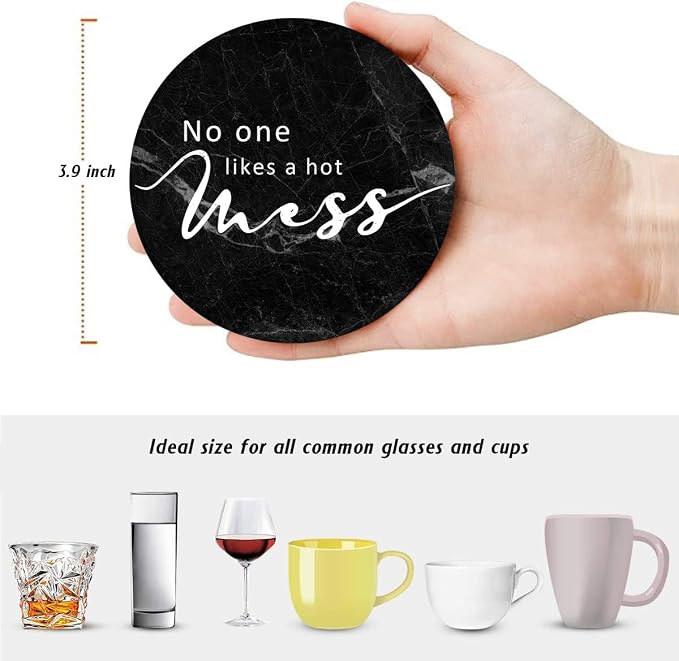 Coasters for Drinks, Ceramic Stone Black Marble | Absorbent Round Table Mat - Image 2