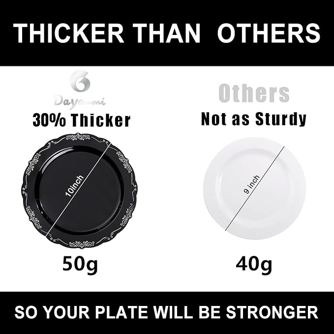 DaYammi 60PCS Black and Silver Plastic Plates, Heavy Duty Black and Silver - Image 4