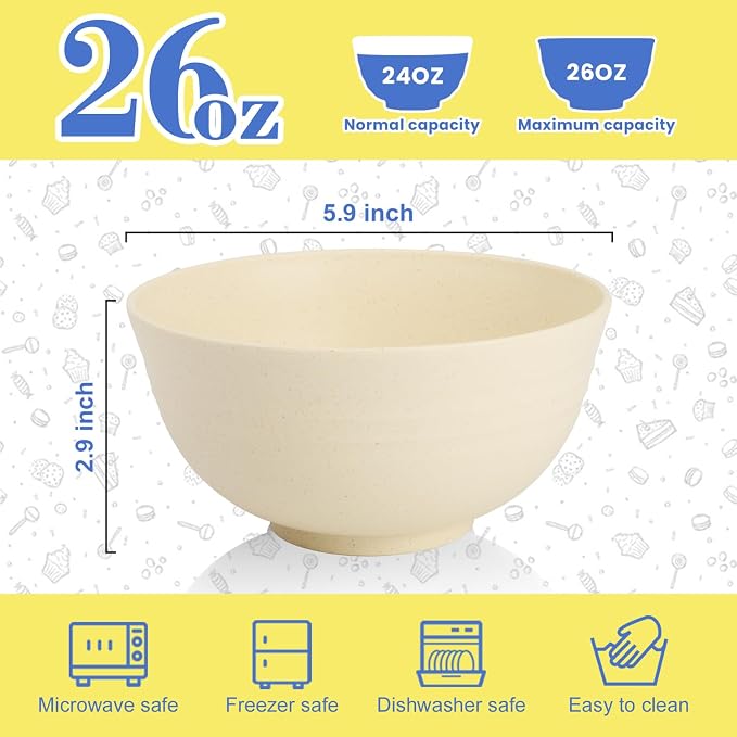 Wheat Straw Bowls Set of 6, 26 OZ Unbreakable Cereal Bowls, Reusable Plastic - Image 3