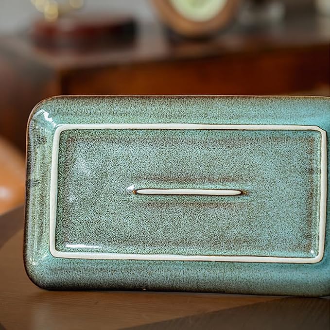 Unique Glazed Green Ceramic Tray, 10 Inch Rectangular Serving Platter | - Image 8