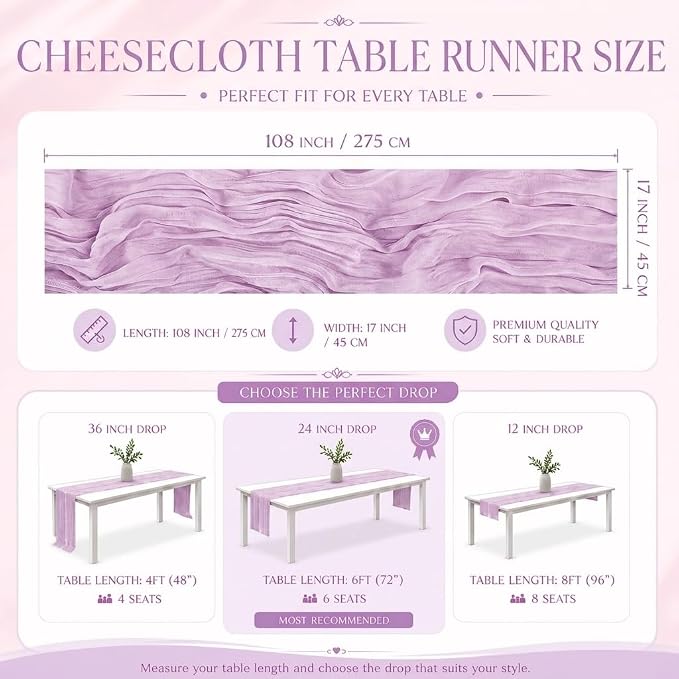 12 Pack Lavender Cheesecloth Table Runner 17x108 Inch Boho Rustic Semi Sheer - Image 3