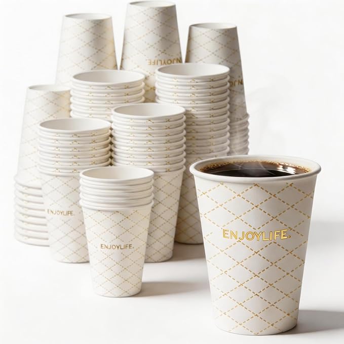 MOUMOULIFE Disposable Paper Coffee Cups 12 oz 100 Count, Leak-Proof Gold Gilded by moumoulife